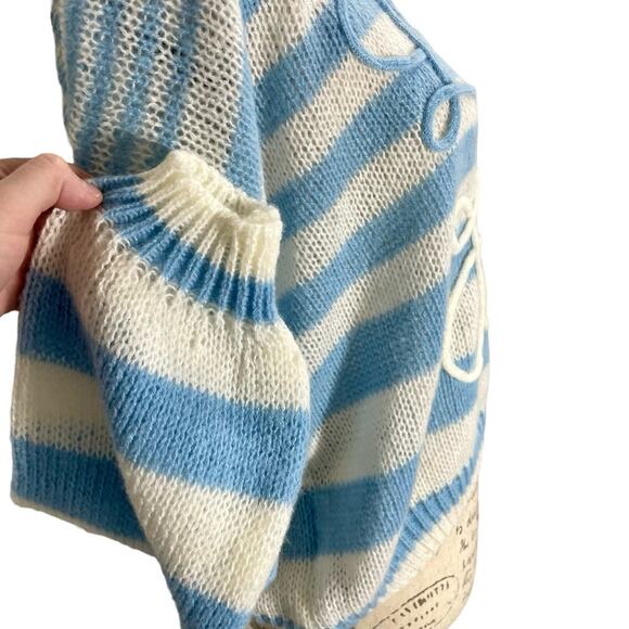 Vintage 1980s Blue & White Striped Handmade Knit Mockneck Sweater Oversized M/L - Picture 8 of 12